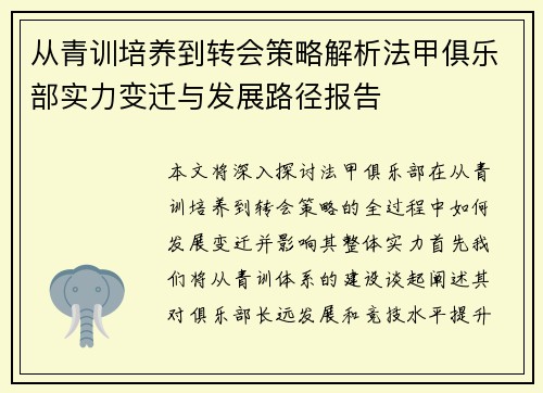 从青训培养到转会策略解析法甲俱乐部实力变迁与发展路径报告