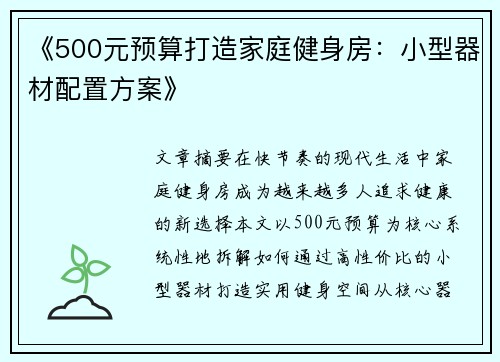 《500元预算打造家庭健身房：小型器材配置方案》